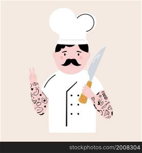 Vector illustration of a funny tattooed chef cook with a knife. Funny character design in a modern flat style. Vector illustration of a funny tattooed chef cook with a knife