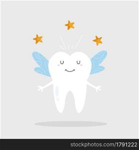 Vector illustration of a funny tooth fairy with wings. Childish poster, banner. Vector illustration of a funny tooth fairy with wings