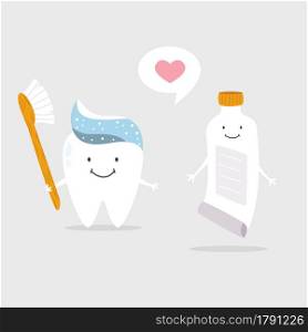 Vector illustration of a funny tooth with toothbrush and toothpaste. Dental Medicine hygiene poster. Vector illustration of a funny tooth with toothbrush and toothpaste