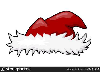 Vector illustration of a fur hat of Santa Claus with red top. Cartoon style