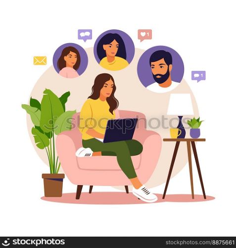 Vector illustration of a girl holding mobile phone with advertisement isolated on a white background. Concept of social promotion, refer a friend, refer and earn. Referal marketing.