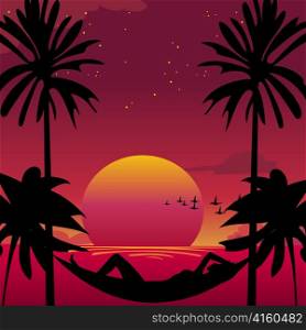 Vector illustration of a girl lying down in a hammock in a paradise island.
