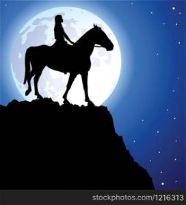 vector illustration of a girl on the horse on top of the mountain and a moon