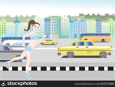 Vector illustration of a girl running in the city