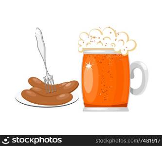 Vector illustration of a glass mug of beer with foam and a plate with sausage and fork. Isolated food object. Cartoon beer and sausages
