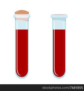 Vector illustration of a glass tube of blood. blood test. Cartoon style. Test tubes with blood on a white background, isolated object. Medical research