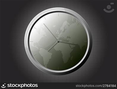 Vector illustration of a glossy glass clock with world map background.