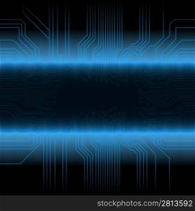 Vector illustration of a glowing circuitry board design with central frame for custom elements. Detailed gradient fading.