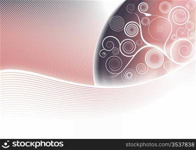 Vector illustration of a gradient mesh glowing planet with modern floral spirals and lined art style waves.