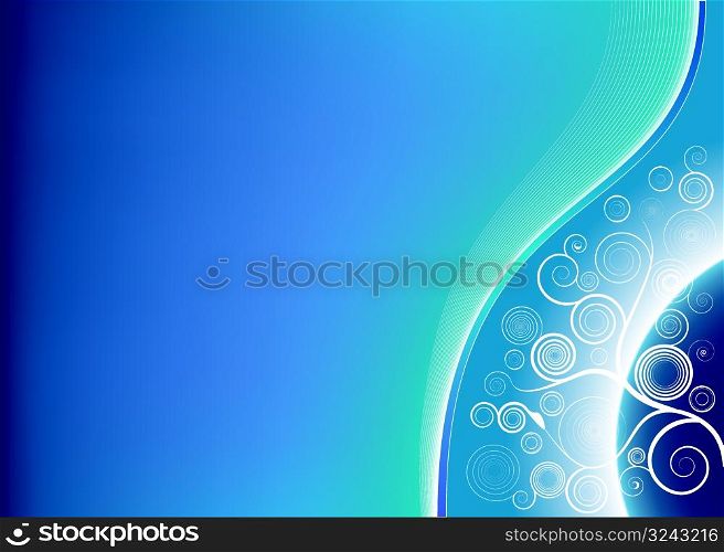 Vector illustration of a gradient mesh planet in the corner with modern floral spirals and lined art style waves. Copy space for design elements.