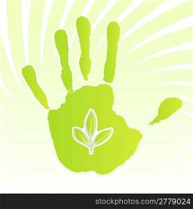 Vector illustration of a green ecology design handprint with swirly background and leaf icon.