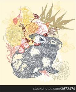 vector illustration of a grey rabbit, roses and a yellow bird