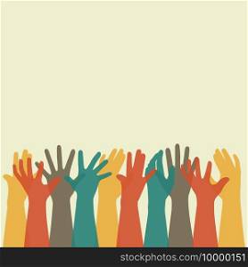   vector  illustration of a group people hands up, volunteer or voting concept background, human hand