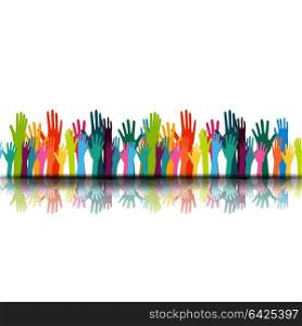 vector illustration of a group people hands up, volunteer or voting concept background, human hand
