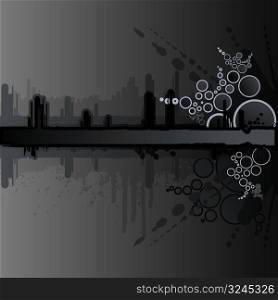 Vector illustration of a grunge and retro dark black background with ink splatter elements, retro circles and drops and stripe for custom text. Urban cityscape backdrop.
