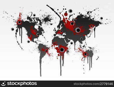 Vector illustration of a grunge world map splatter with gunshot wounds. Globalization business or ecological catastrophe concept.