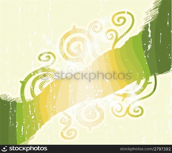 Vector illustration of a grungy halftone childish spirals background with halftone elements, aged textures and green nature stripes.