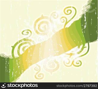 Vector illustration of a grungy halftone childish spirals background with halftone elements, aged textures and green nature stripes.