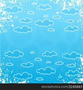 Vector illustration of a grungy retro cloudscape frame with central copy space for custom elements.