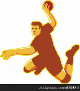 vector illustration of a hand ball player with ball jumping throwing scoring done in retro style on isolated white background.
