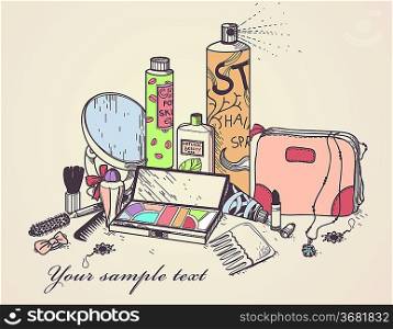 vector illustration of a hand drawn cosmetics, make up and other accessories for beauty and body care