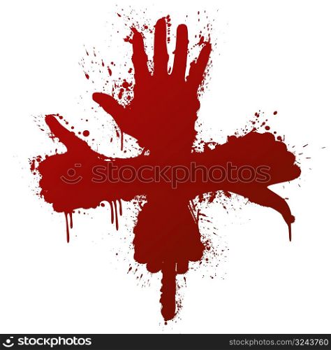 Vector illustration of a hand gestures conceptual ink splatter design element. Bloody red.