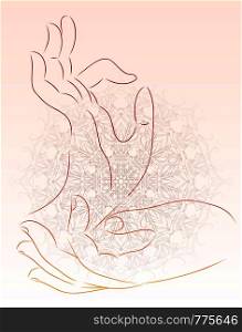 Vector illustration of a hand of a Buddha with a mandala pattern. Vector element for your creativity. Vector illustration of a hand of a Buddha with a mandala pattern