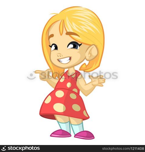 Vector illustration of a happy little girl in a red dotted dress presenting with her hand. Cartoon cute little girl
