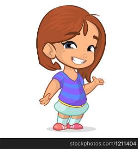 Vector illustration of a happy little girl presenting with her hand. Cartoon cute little girl