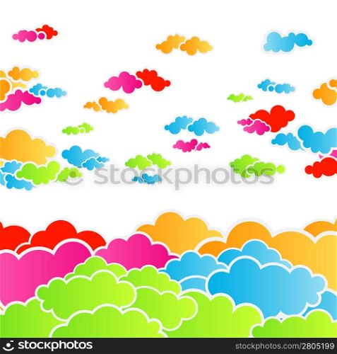 Vector illustration of a happy rainbow colorful cloudscape.