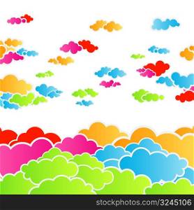 Vector illustration of a happy rainbow colourful cloudscape.