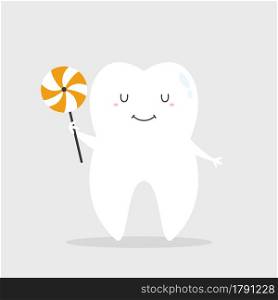 Vector illustration of a happy smiling tooth with candy. Image of a sweet tooth. Vector illustration of a happy smiling tooth with candy