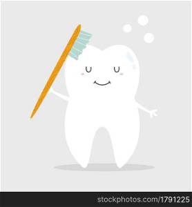 Vector illustration of a happy smiling tooth with toothbrush. Dental care concept. Vector illustration of a happy smiling tooth with toothbrush