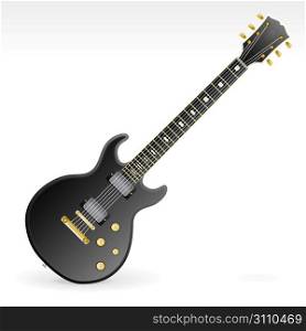 Vector illustration of a highly detailed six string electric rock guitar with gold and silver elements, two magnets and four tone knobs.