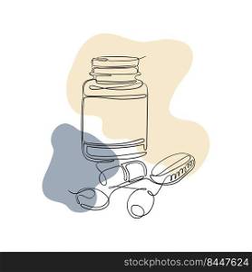 Vector illustration of a jar with pills or vitamins drawn linearly. Boho concept treatment, dietary supplements, vitamins or pills
