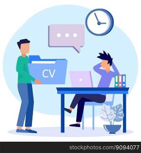 Vector illustration of a job interview concept with the concept of a potential boss. Stressful process and nervousness when asking questions about CVs, motivation letters and application forms.