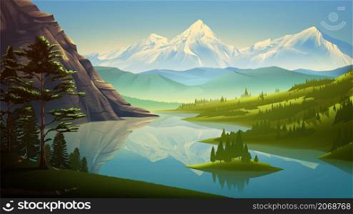 Vector illustration of a lake view with beautiful snow mountains