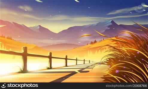 Vector illustration of a lakeside walkway with beautiful mountain scenery in the background in anime style