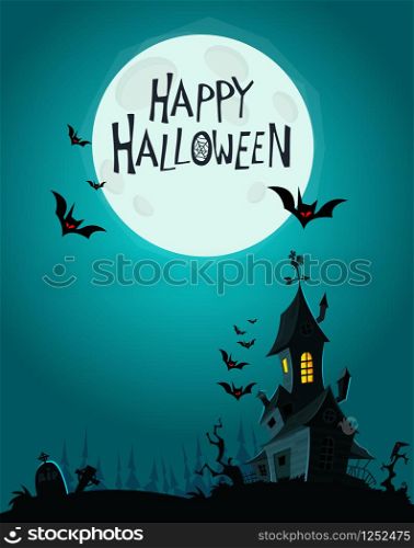 Vector Illustration of a Landscape with a Spooky Haunted Halloween house and a Full Moon