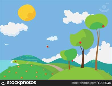 Vector illustration of a landscape with colorful flowers and trees in the summertime.