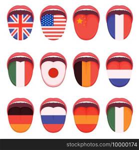  vector illustration of a language flag on human tongue, multilingual speak study