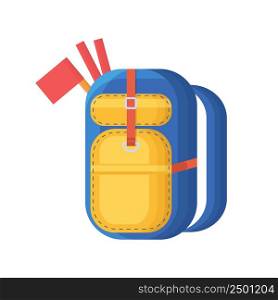 Vector illustration of a large hiking backpack in a flat style with 3 red flags for archeology. Icon for researchers and design for the business of organizing hiking and camping.