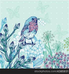 vector illustration of a little bird and blooming flowers