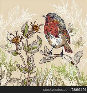 vector illustration of a little bird with butterflies and plants