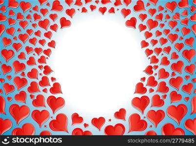 Vector illustration of a lovely Valentine background with central blue glow for custom elements surrounded by hundreds of funky glossy hearts.