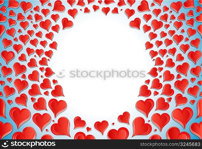 Vector illustration of a lovely Valentine background with central blue glow for custom elements surrounded by hundreds of funky glossy hearts.