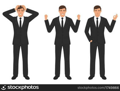  vector illustration of a man character expressions with hands gesture, cartoon businessman wit different emotion 