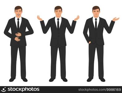   vector illustration of a man character expressions with hands gesture, cartoon businessman wit different emotion 