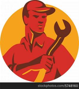 vector illustration of a mechanic tradesman worker with wrench spanner set inside circle done in retro sty,e