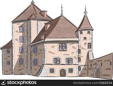 Vector illustration of a medieval castle in Annecy. France.. Color sketch of the old castle in Annecy.